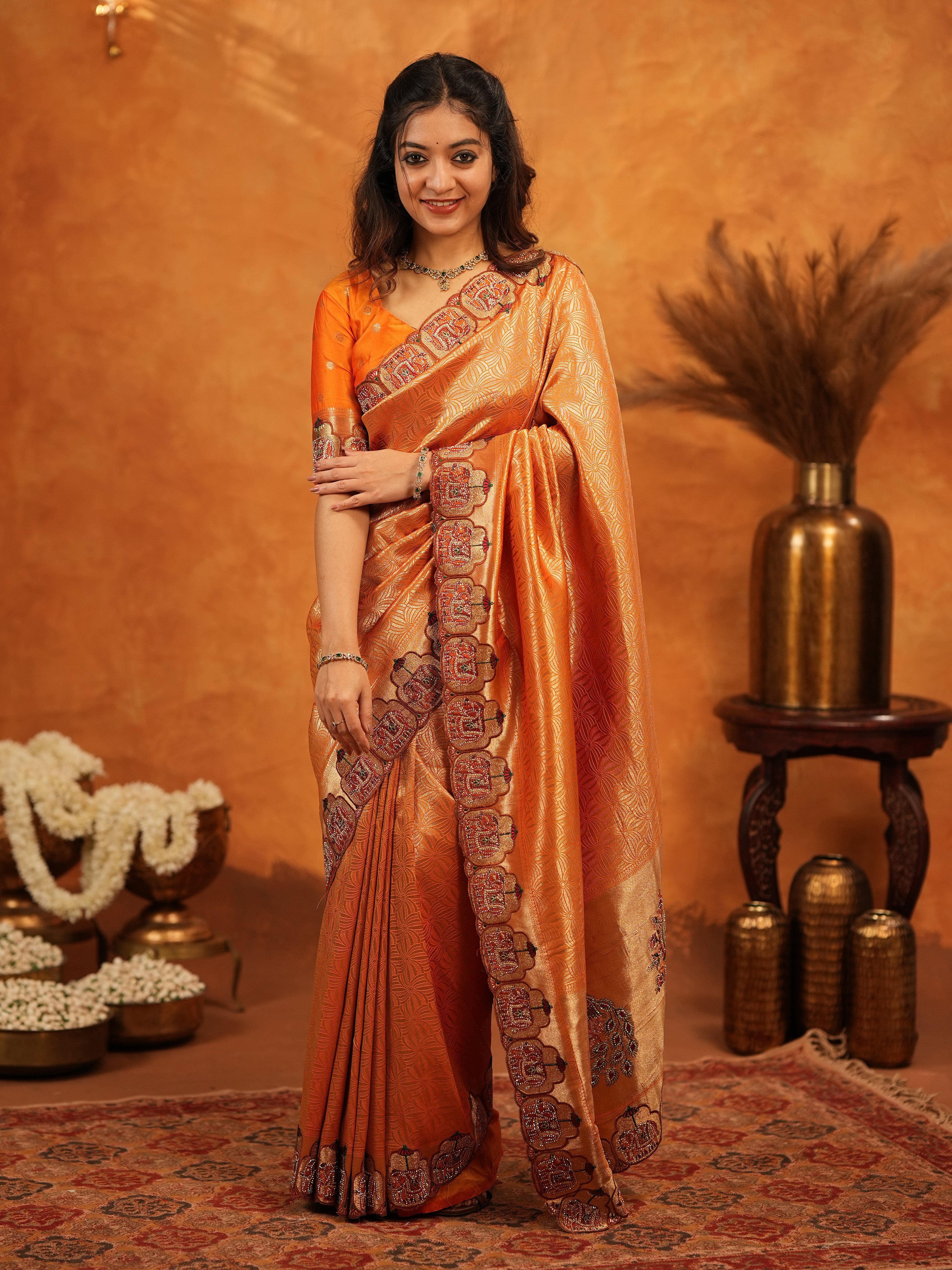 Rust Orange Banarasi Silk Saree with All-Over Zari Weaving & Designer Embroidered Border | Festive Wedding Wear Saree with Blouse & Tassels