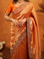 Rust Orange Banarasi Silk Saree with All-Over Zari Weaving & Designer Embroidered Border | Festive Wedding Wear Saree with Blouse & Tassels
