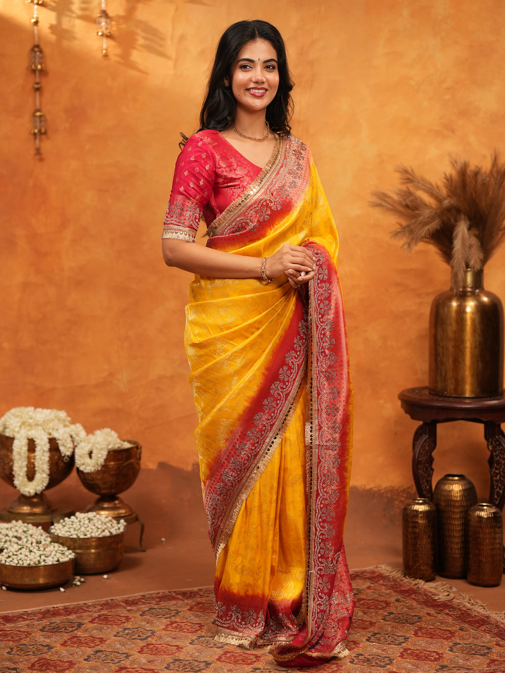 Sunshine Yellow & Red Banarasi Silk Saree with Rich Zari Border & Contrast Pallu | Designer Festive & Wedding Wear Saree
