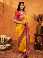 Sunshine Yellow & Red Banarasi Silk Saree with Rich Zari Border & Contrast Pallu | Designer Festive & Wedding Wear Saree