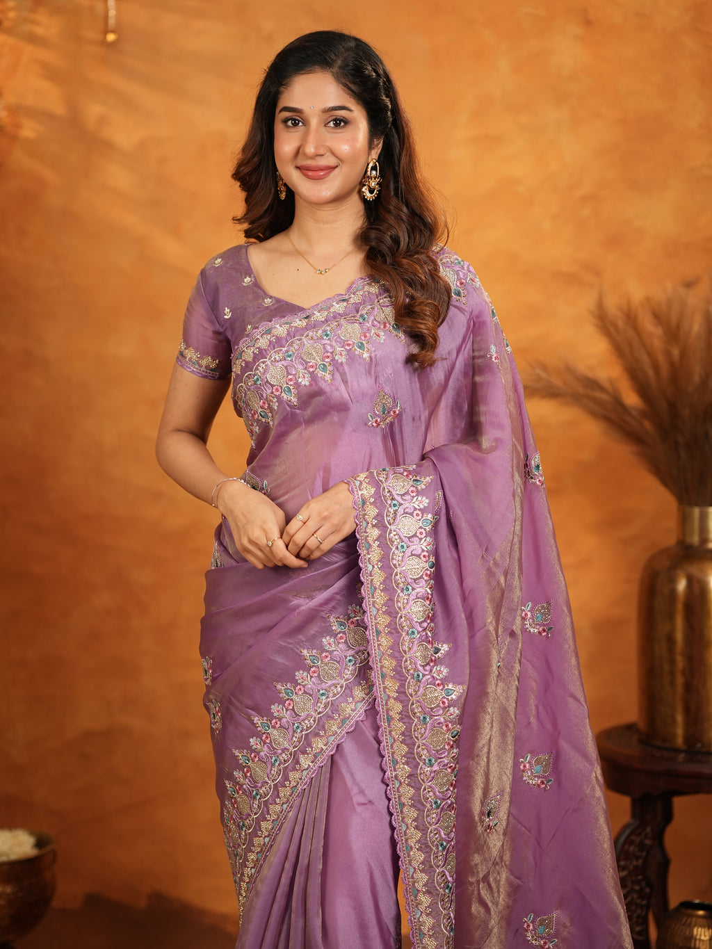 Lavender Purple Fendy Satin Embroidered Saree with Heavy Floral Border & Designer Pallu | Elegant Party Wear Saree with Embroidered Blouse