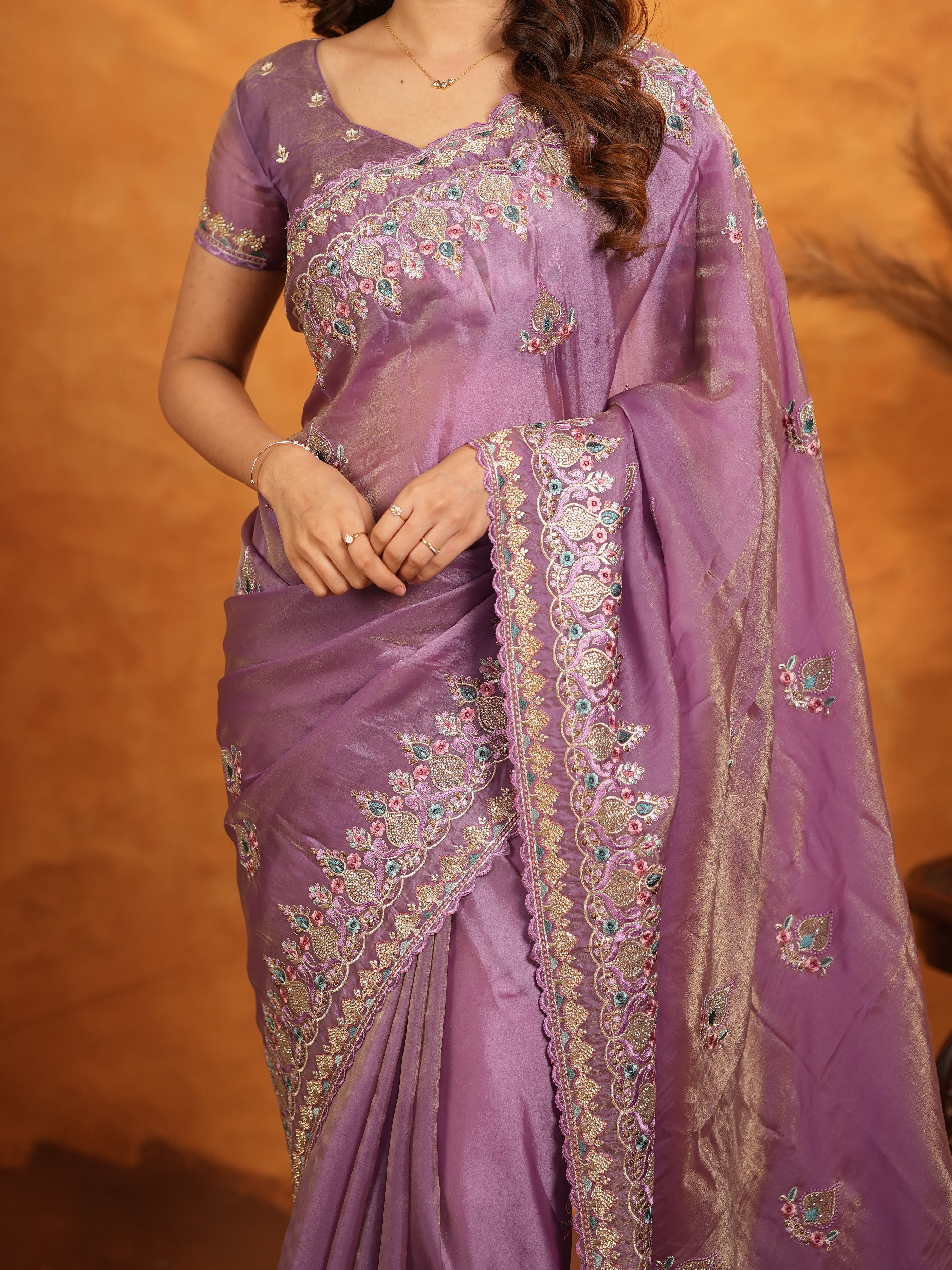 Lavender Purple Fendy Satin Embroidered Saree with Heavy Floral Border & Designer Pallu | Elegant Party Wear Saree with Embroidered Blouse