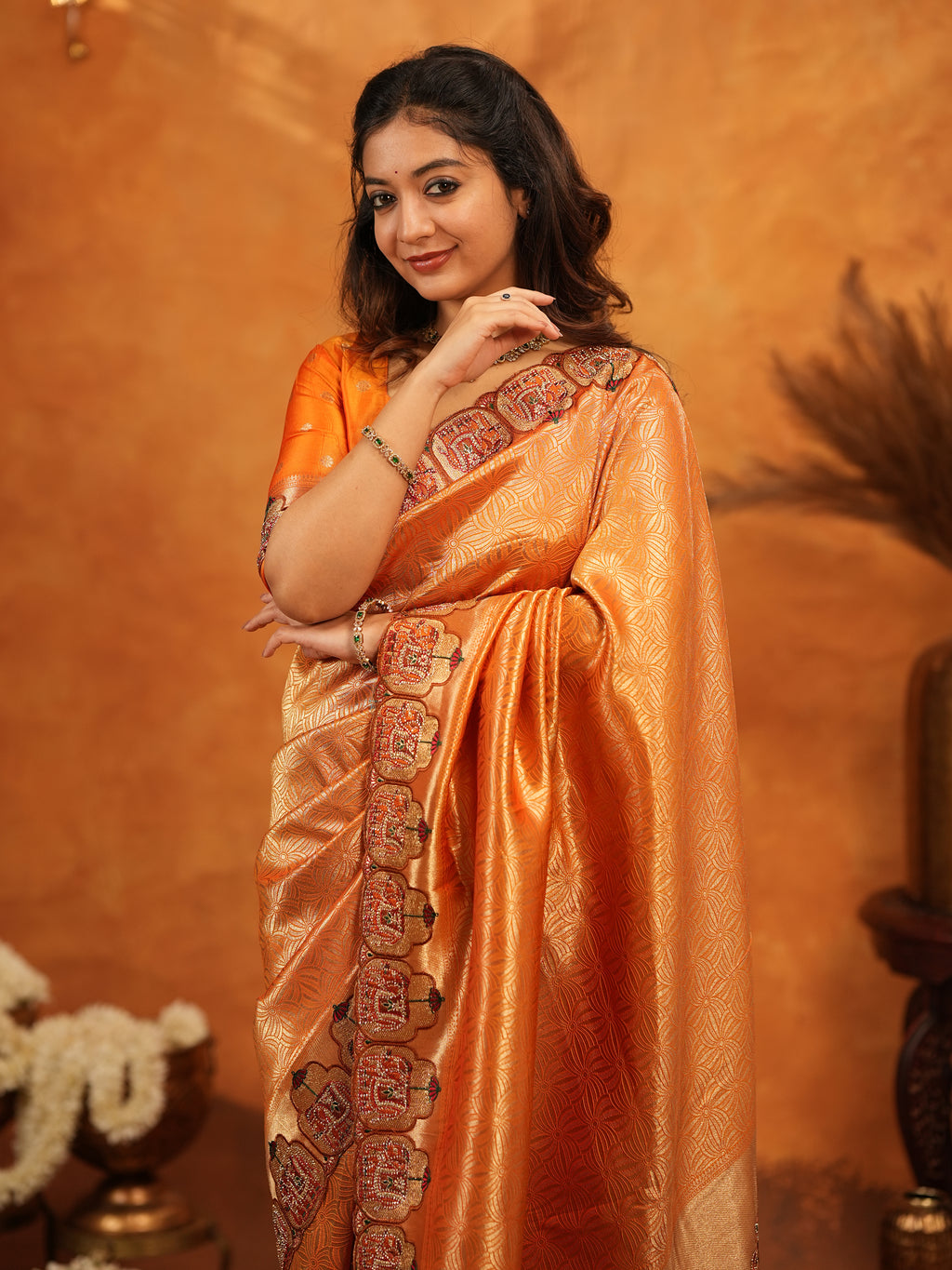 Rust Orange Banarasi Silk Saree with All-Over Zari Weaving & Designer Embroidered Border | Festive Wedding Wear Saree with Blouse & Tassels