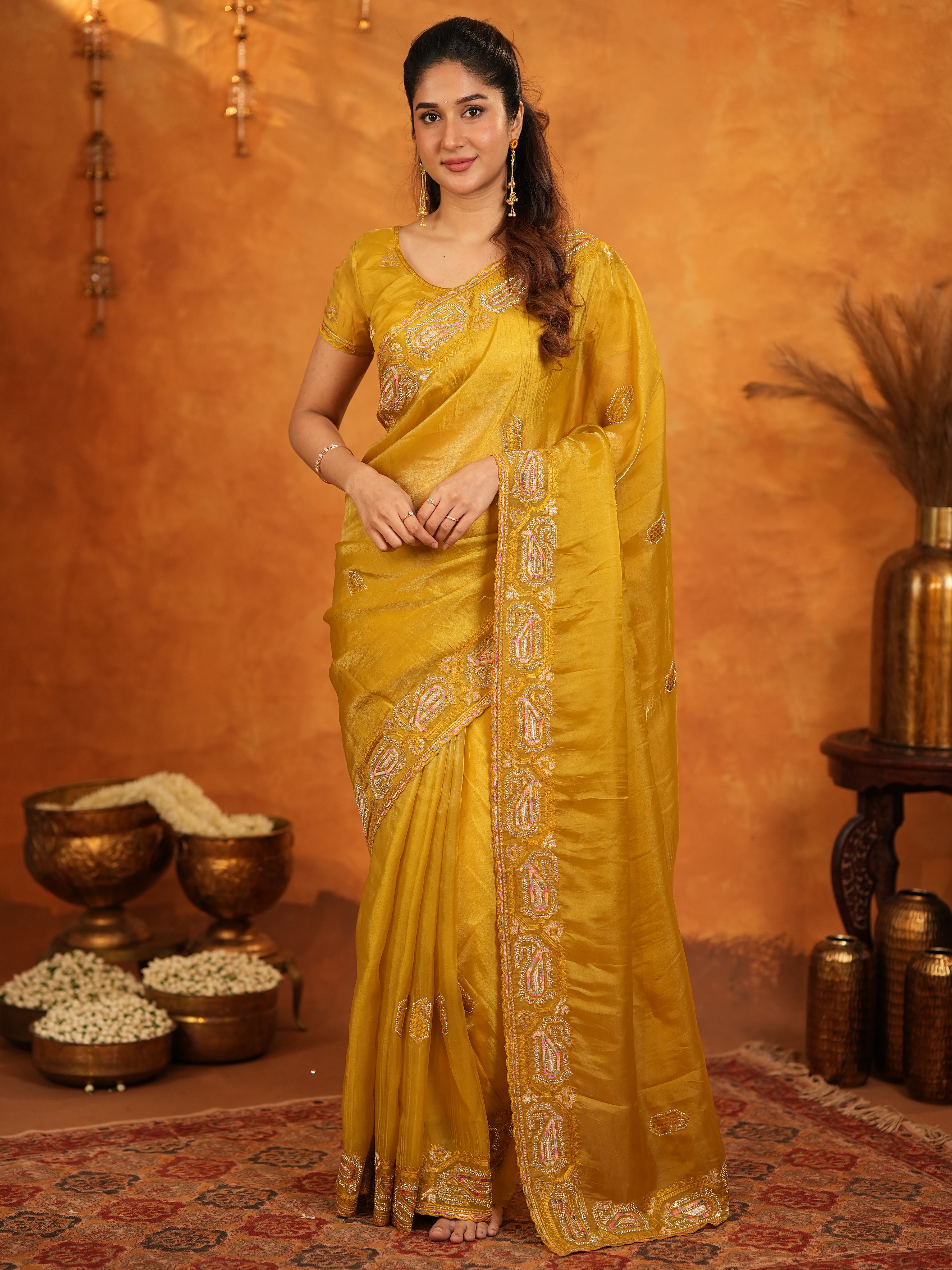 Mustard Yellow Fendy Satin Embroidered Saree with Geometric Border & Rich Designer Pallu | Festive Wedding Wear Saree with Blouse