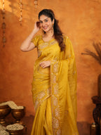 Mustard Yellow Fendy Satin Embroidered Saree with Geometric Border & Rich Designer Pallu | Festive Wedding Wear Saree with Blouse