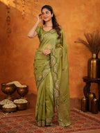 Olive Green Fendy Satin Embroidered Saree with Geometric Border & Elegant Designer Pallu | Festive & Wedding Wear Saree with Blouse