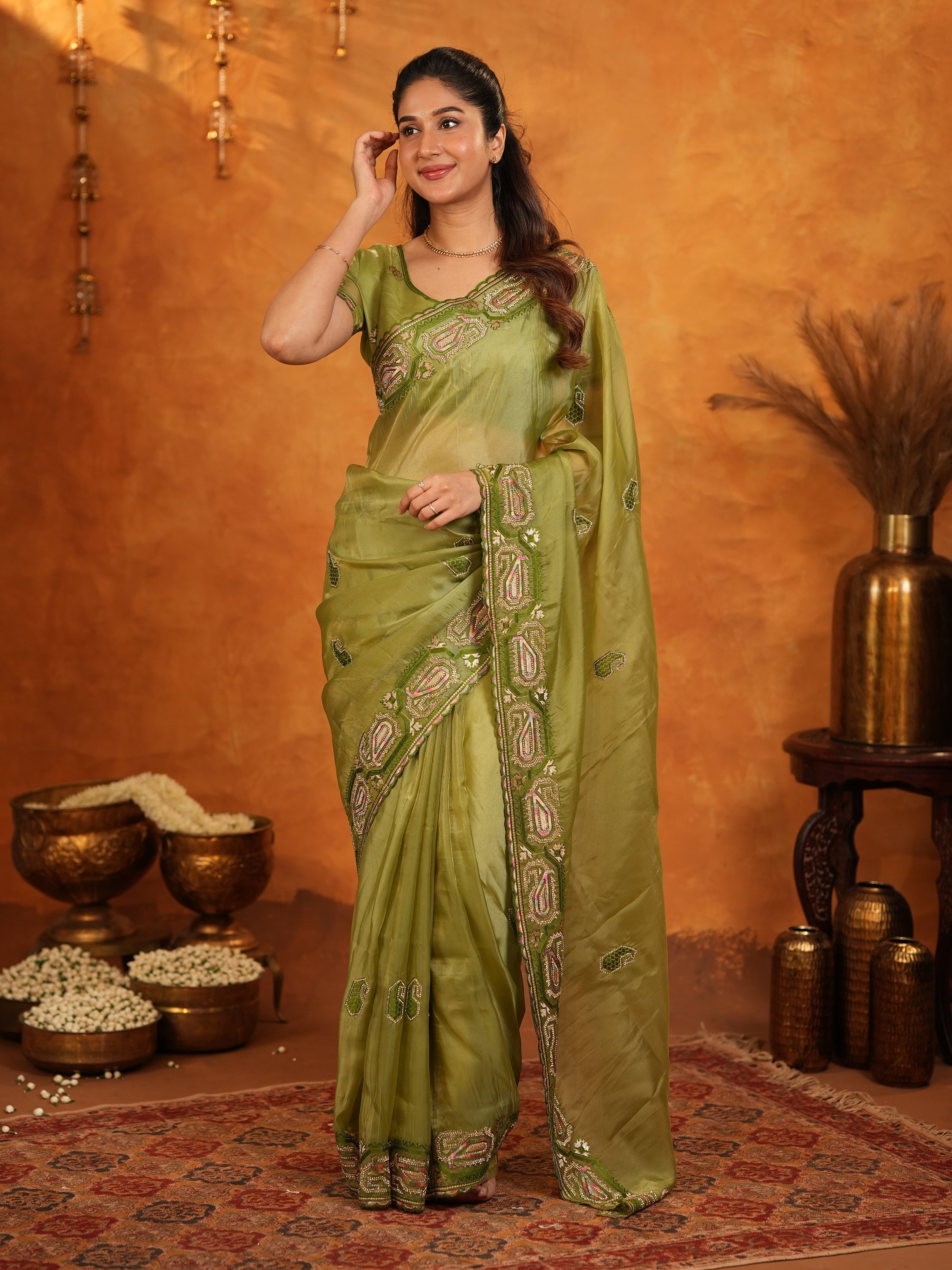 Olive Green Fendy Satin Embroidered Saree with Geometric Border & Elegant Designer Pallu | Festive & Wedding Wear Saree with Blouse