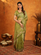 Olive Green Fendy Satin Embroidered Saree with Geometric Border & Elegant Designer Pallu | Festive & Wedding Wear Saree with Blouse