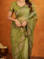 Olive Green Fendy Satin Embroidered Saree with Geometric Border & Elegant Designer Pallu | Festive & Wedding Wear Saree with Blouse