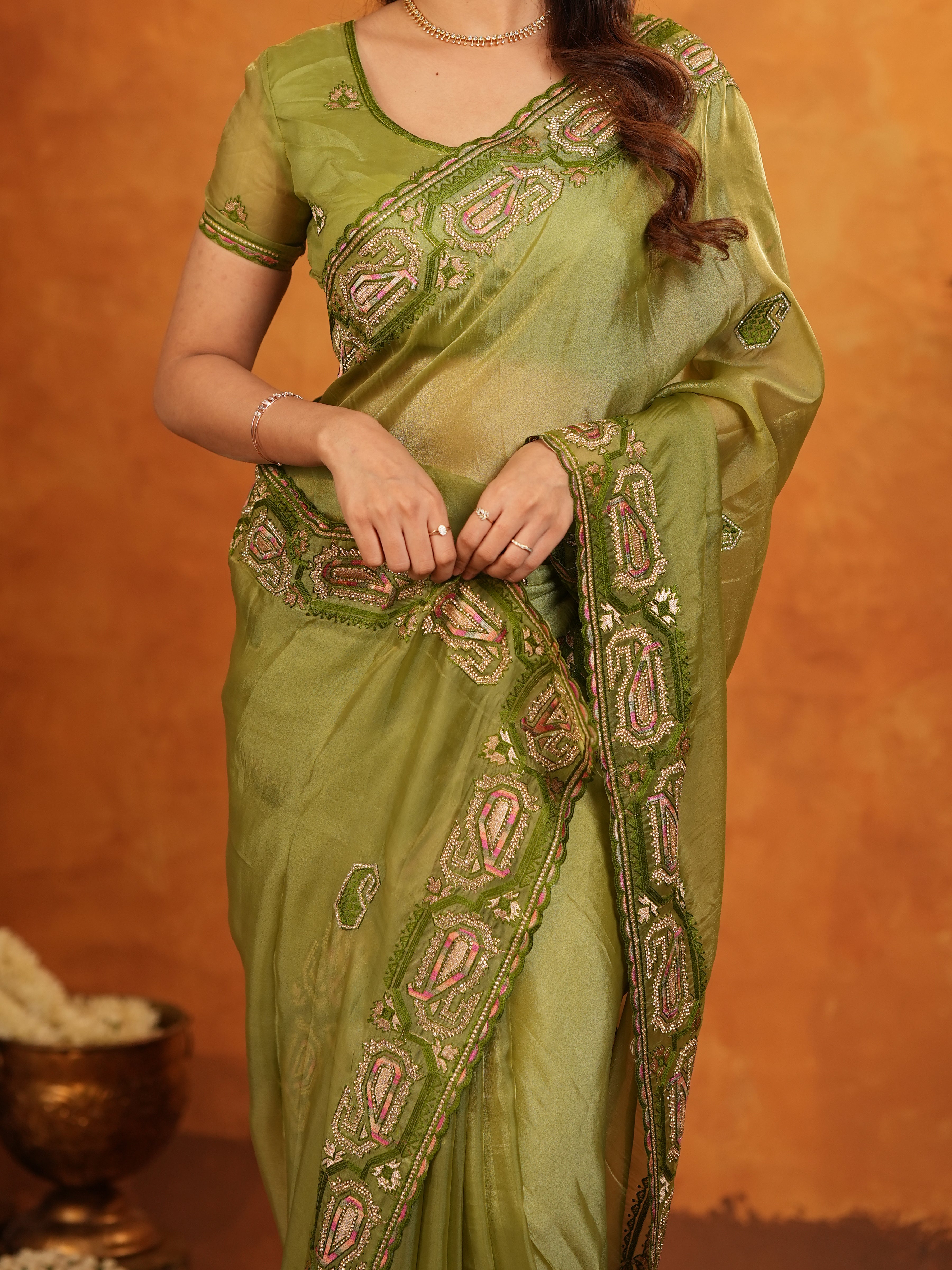 Olive Green Fendy Satin Embroidered Saree with Geometric Border & Elegant Designer Pallu | Festive & Wedding Wear Saree with Blouse