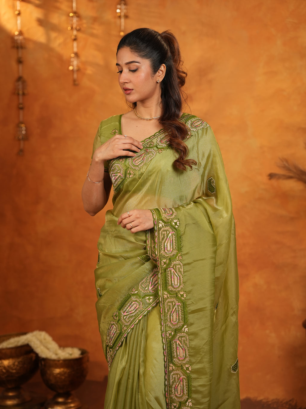 Olive Green Fendy Satin Embroidered Saree with Geometric Border & Elegant Designer Pallu | Festive & Wedding Wear Saree with Blouse