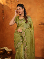 Olive Green Fendy Satin Embroidered Saree with Geometric Border & Elegant Designer Pallu | Festive & Wedding Wear Saree with Blouse