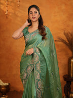 Sage Green Fendy Satin Embroidered Saree with Geometric Border & Designer Pallu | Elegant Festive & Wedding Wear Saree with Blouse
