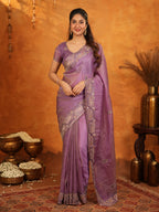 Lavender Purple Fendy Satin Embroidered Saree with Geometric Border & Elegant Designer Pallu | Festive & Wedding Wear Saree with Blouse