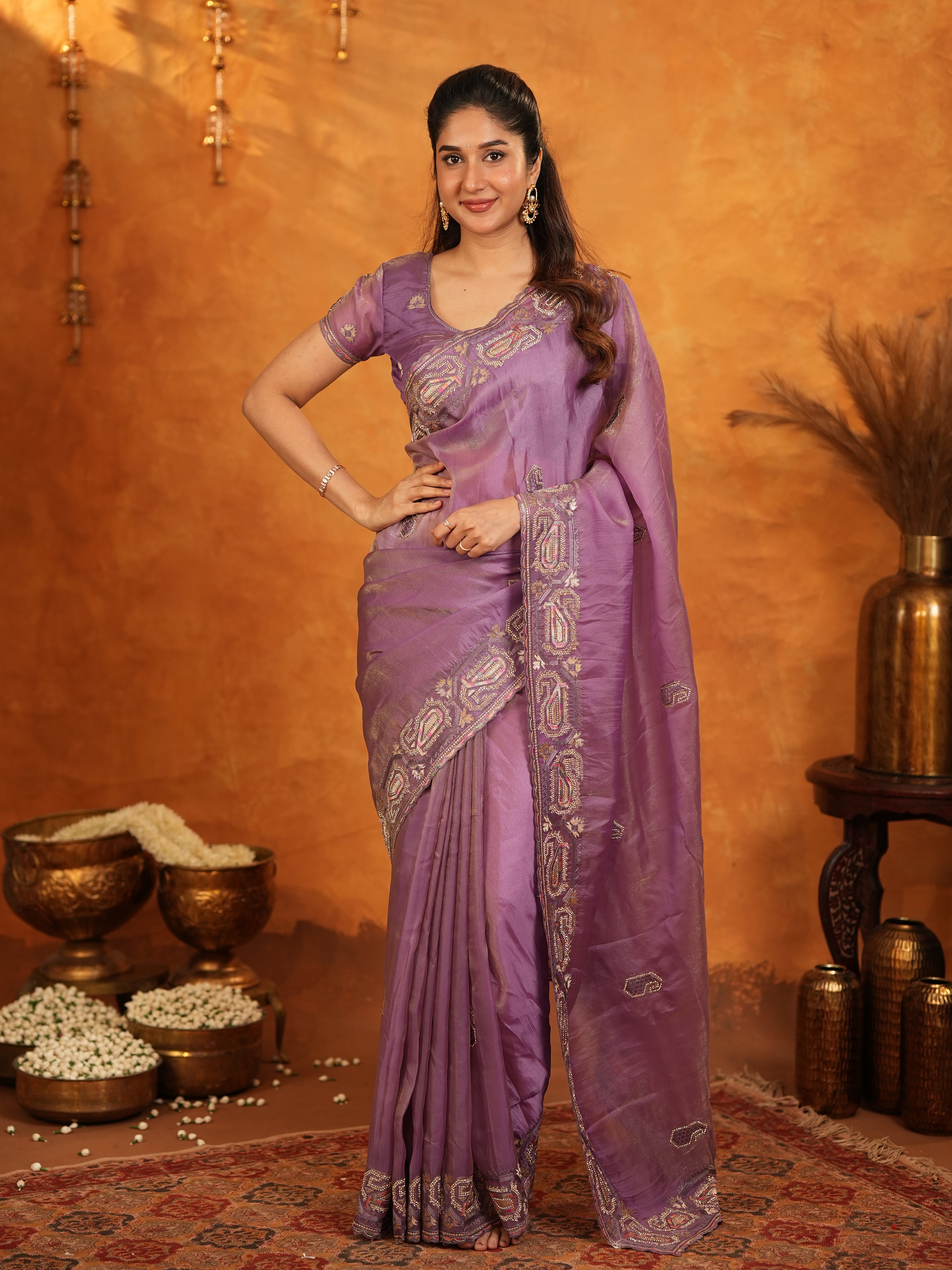Lavender Purple Fendy Satin Embroidered Saree with Geometric Border & Elegant Designer Pallu | Festive & Wedding Wear Saree with Blouse
