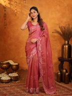 Rose Pink Fendy Satin Embroidered Saree with Geometric Border & Elegant Designer Pallu | Festive & Wedding Wear Saree with Blouse