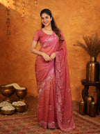 Rose Pink Fendy Satin Embroidered Saree with Geometric Border & Elegant Designer Pallu | Festive & Wedding Wear Saree with Blouse