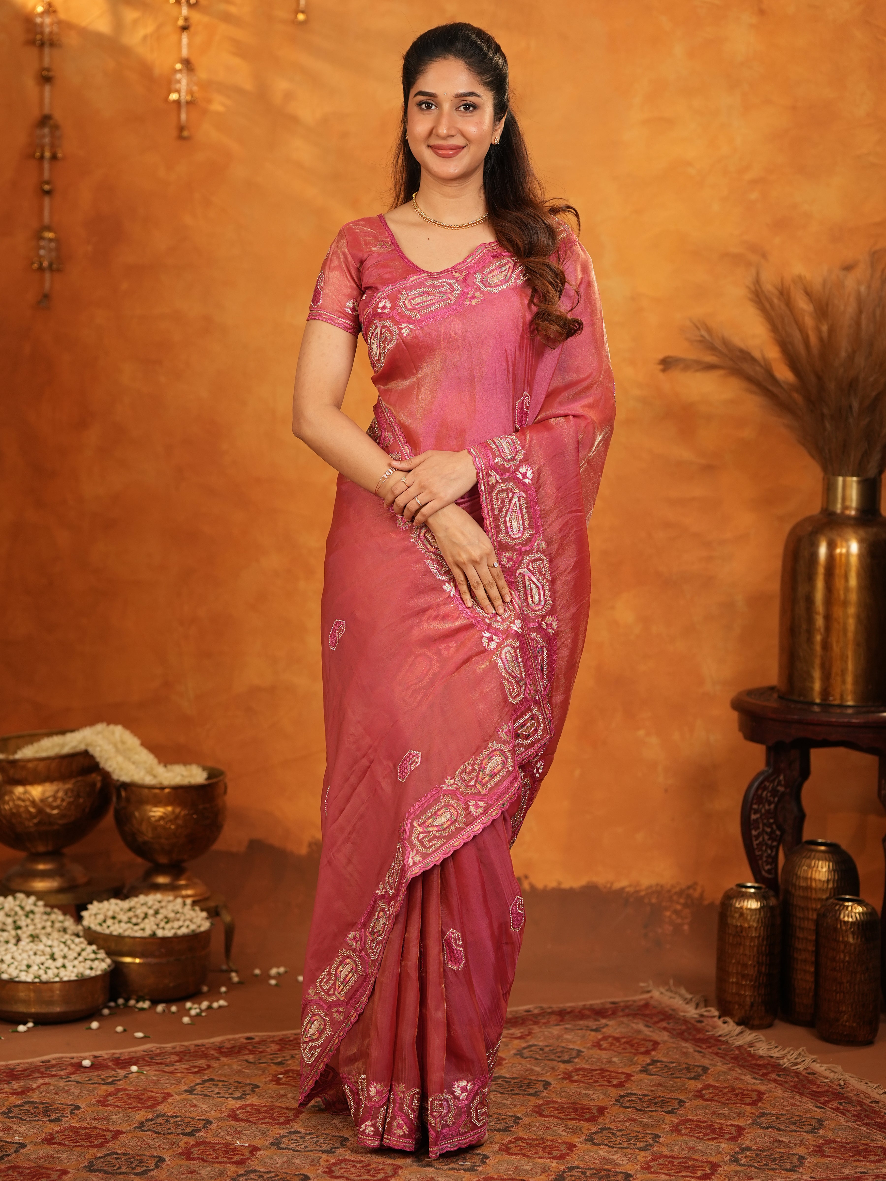 Rose Pink Fendy Satin Embroidered Saree with Geometric Border & Elegant Designer Pallu | Festive & Wedding Wear Saree with Blouse