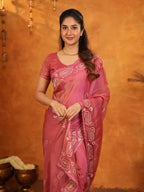 Rose Pink Fendy Satin Embroidered Saree with Geometric Border & Elegant Designer Pallu | Festive & Wedding Wear Saree with Blouse