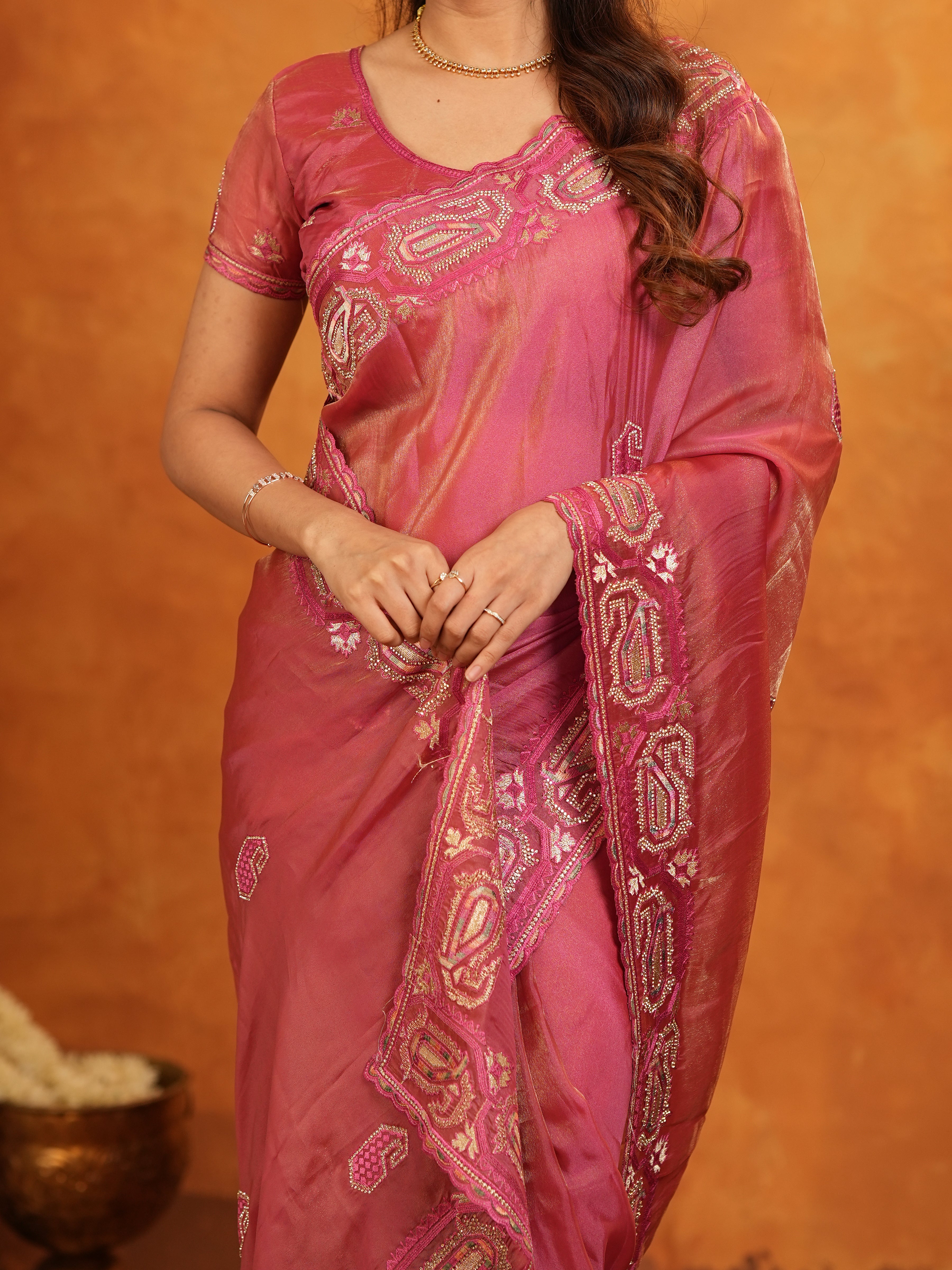 Rose Pink Fendy Satin Embroidered Saree with Geometric Border & Elegant Designer Pallu | Festive & Wedding Wear Saree with Blouse