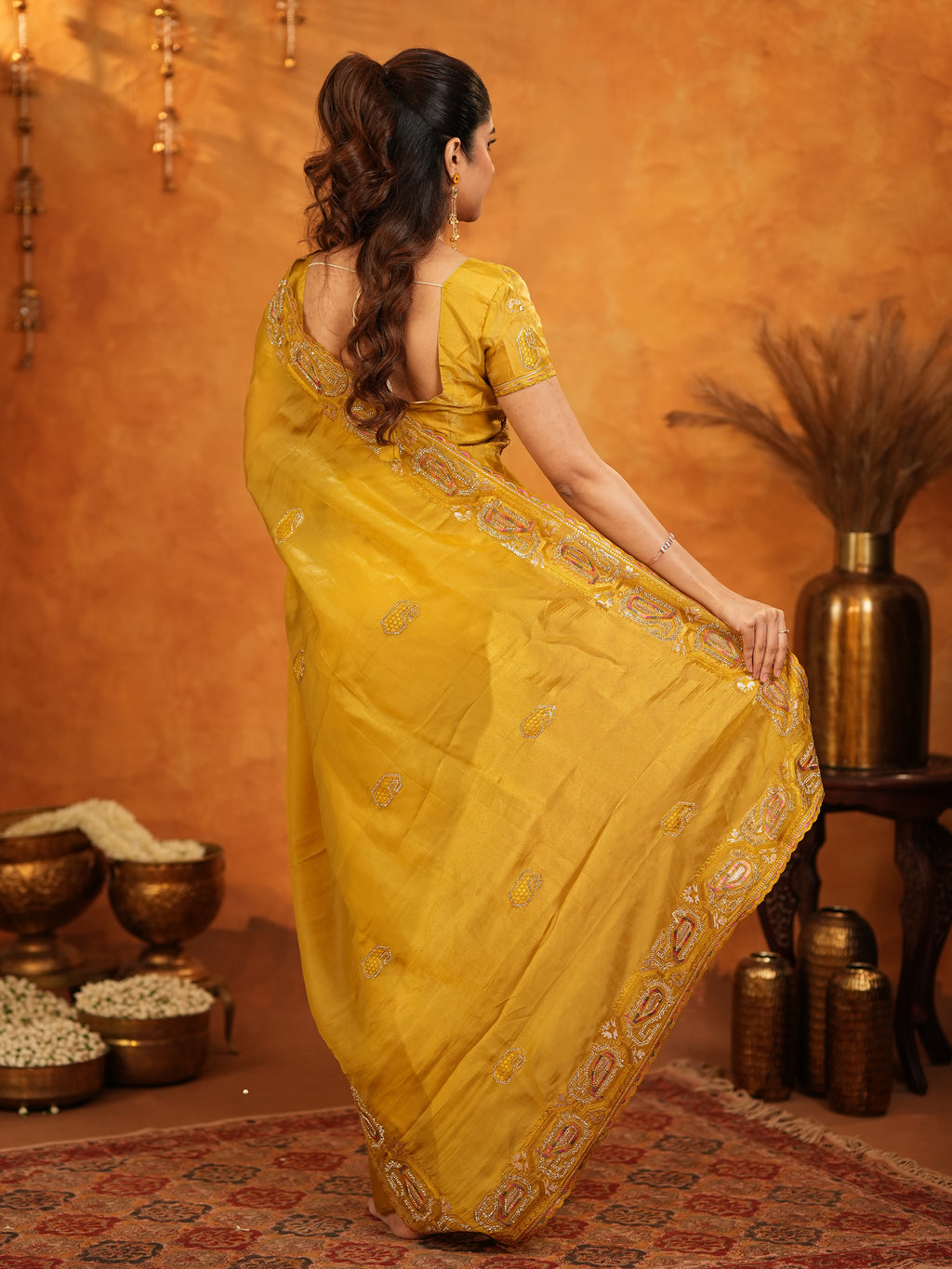 Mustard Yellow Fendy Satin Embroidered Saree with Geometric Border & Rich Designer Pallu | Festive Wedding Wear Saree with Blouse