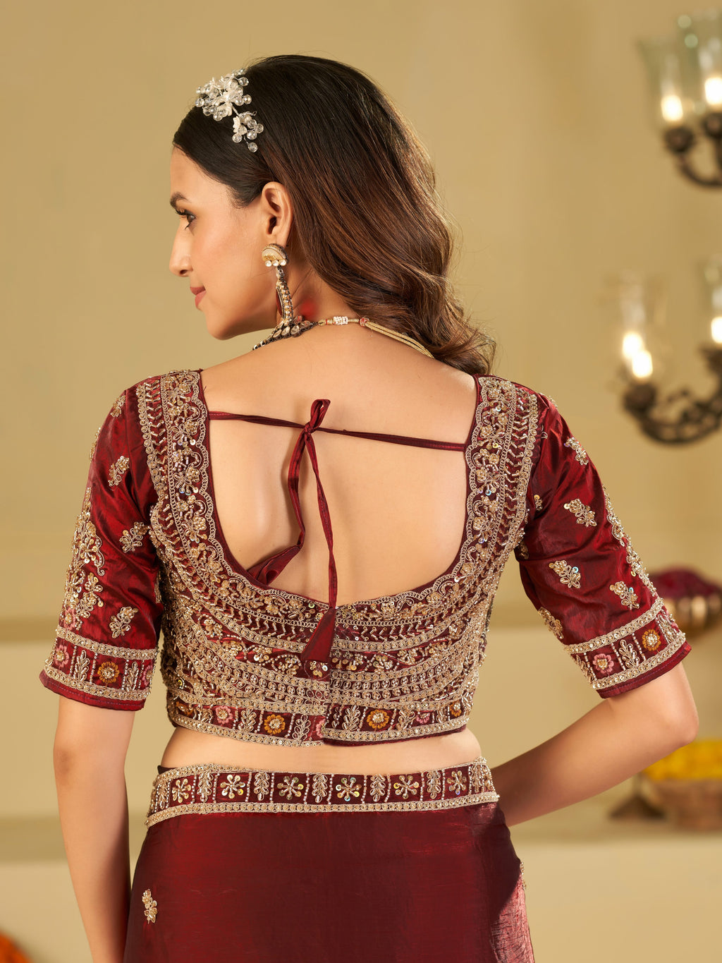 Wine Red Designer Fendy Satin Saree with Heavy Embroidered Blouse & Zari Border | Premium Wedding & Festive Wear Saree