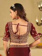 Wine Red Designer Fendy Satin Saree with Heavy Embroidered Blouse & Zari Border | Premium Wedding & Festive Wear Saree