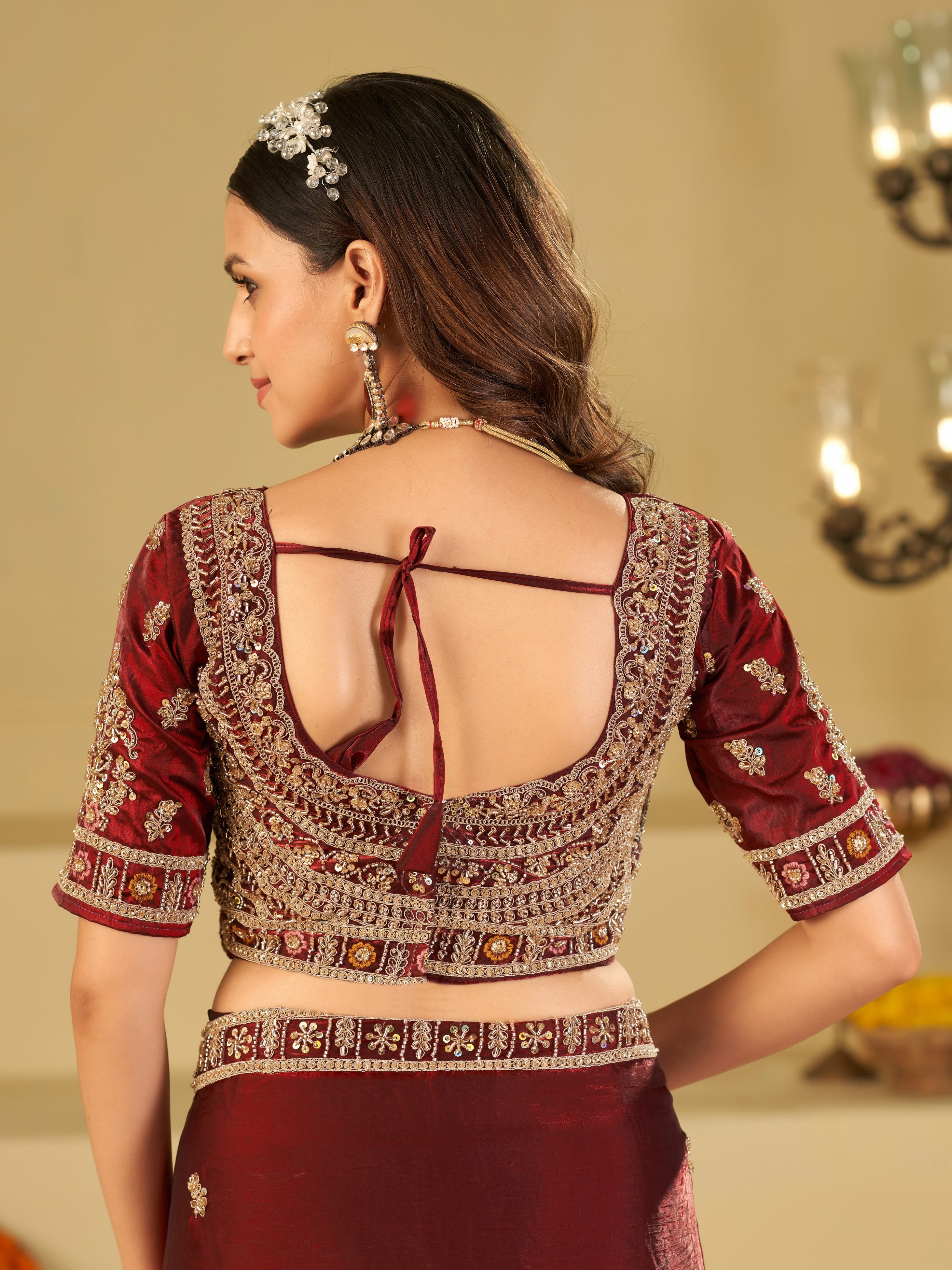 Wine Red Designer Fendy Satin Saree with Heavy Embroidered Blouse & Zari Border | Premium Wedding & Festive Wear Saree