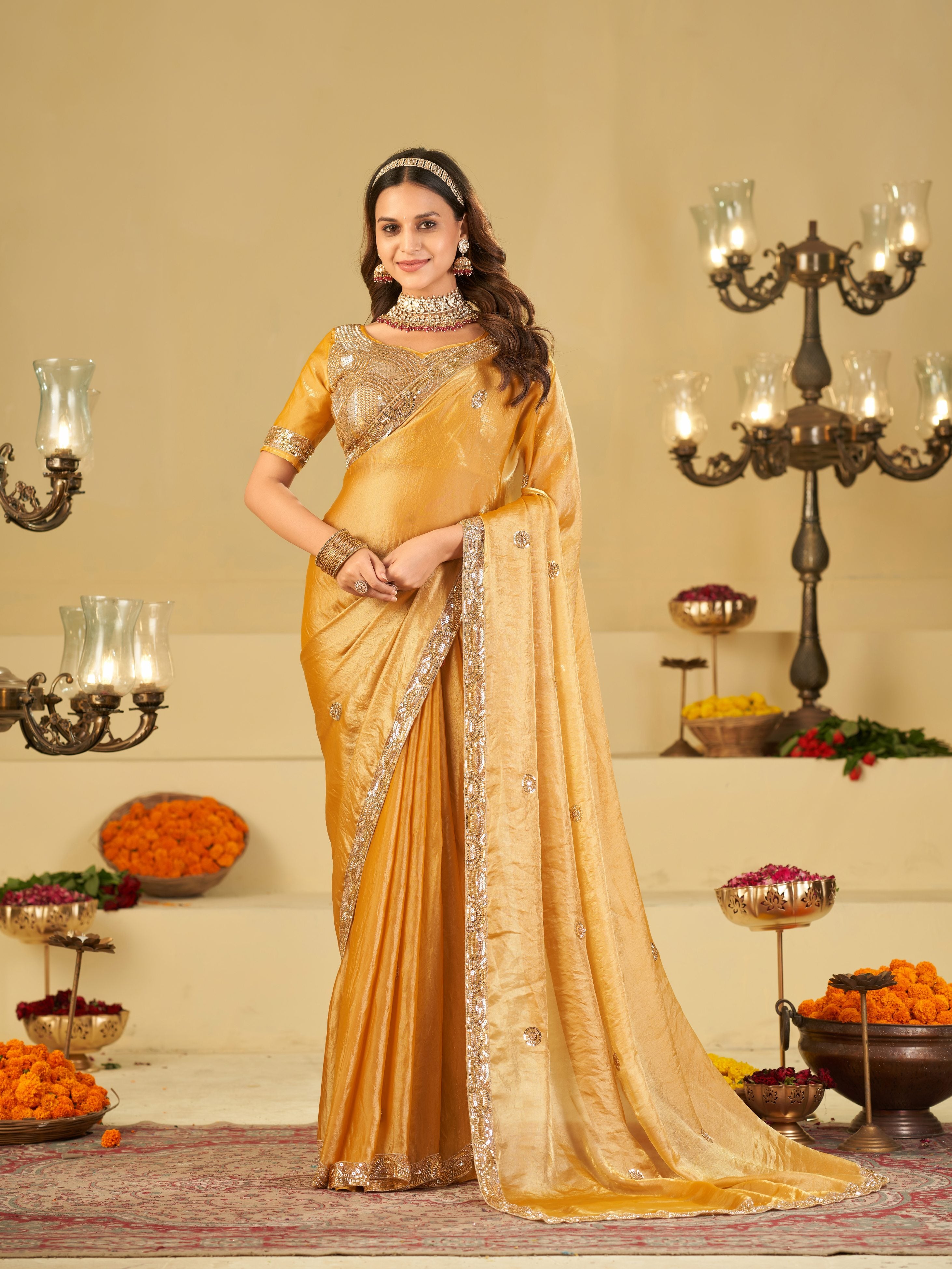 Mustard Yellow Designer Fendy Satin Saree with Heavy Embroidered Blouse & Sequin Border | Premium Wedding Party Wear Saree