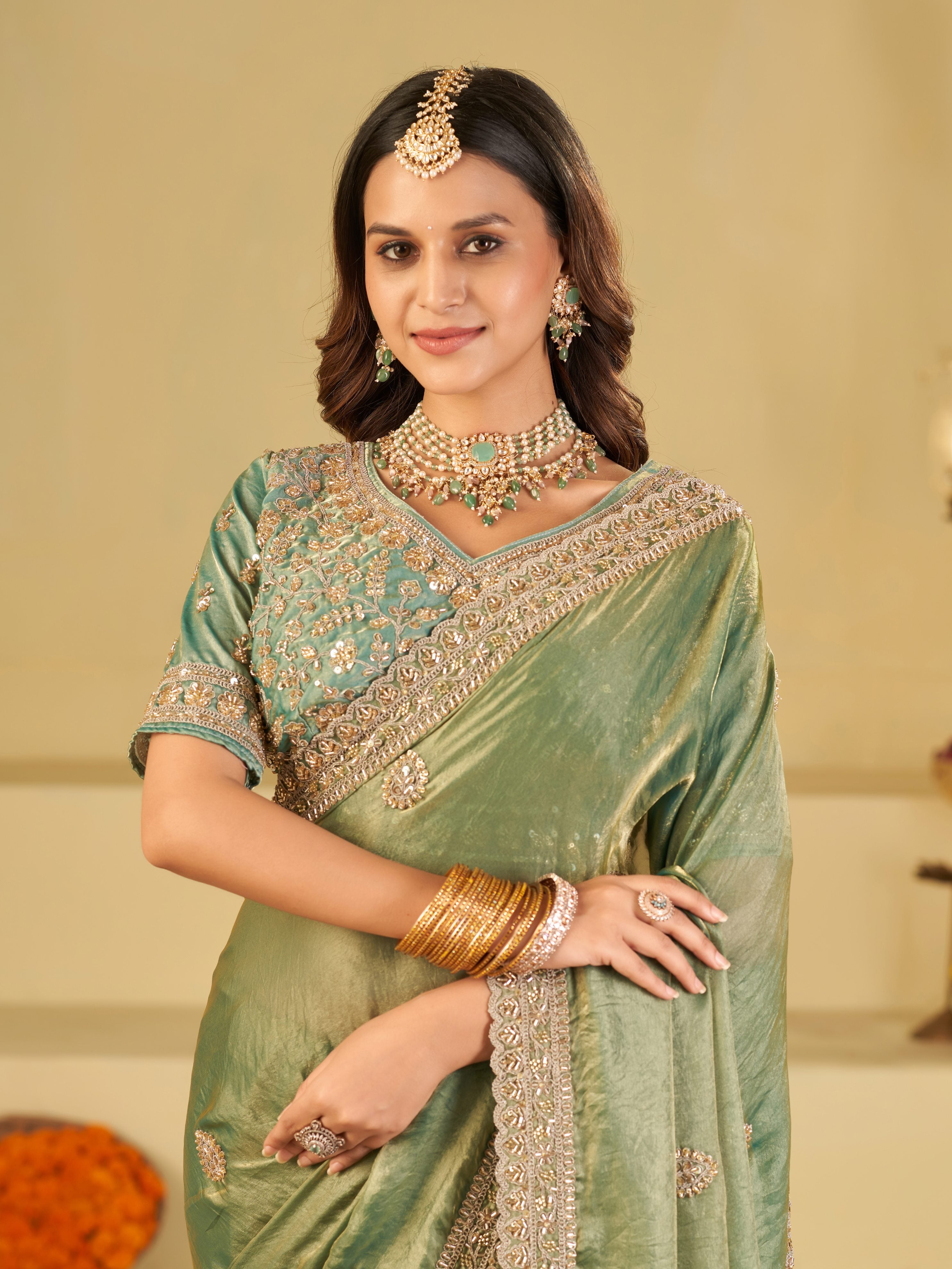 Sea Green Designer Fendy Satin Saree with Heavy Embroidered Blouse & Sequin Border | Premium Wedding Party Wear Saree