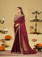 Wine Purple Designer Fendy Satin Saree with Heavy Embroidered Blouse & Zari Border | Premium Wedding & Festive Wear Saree