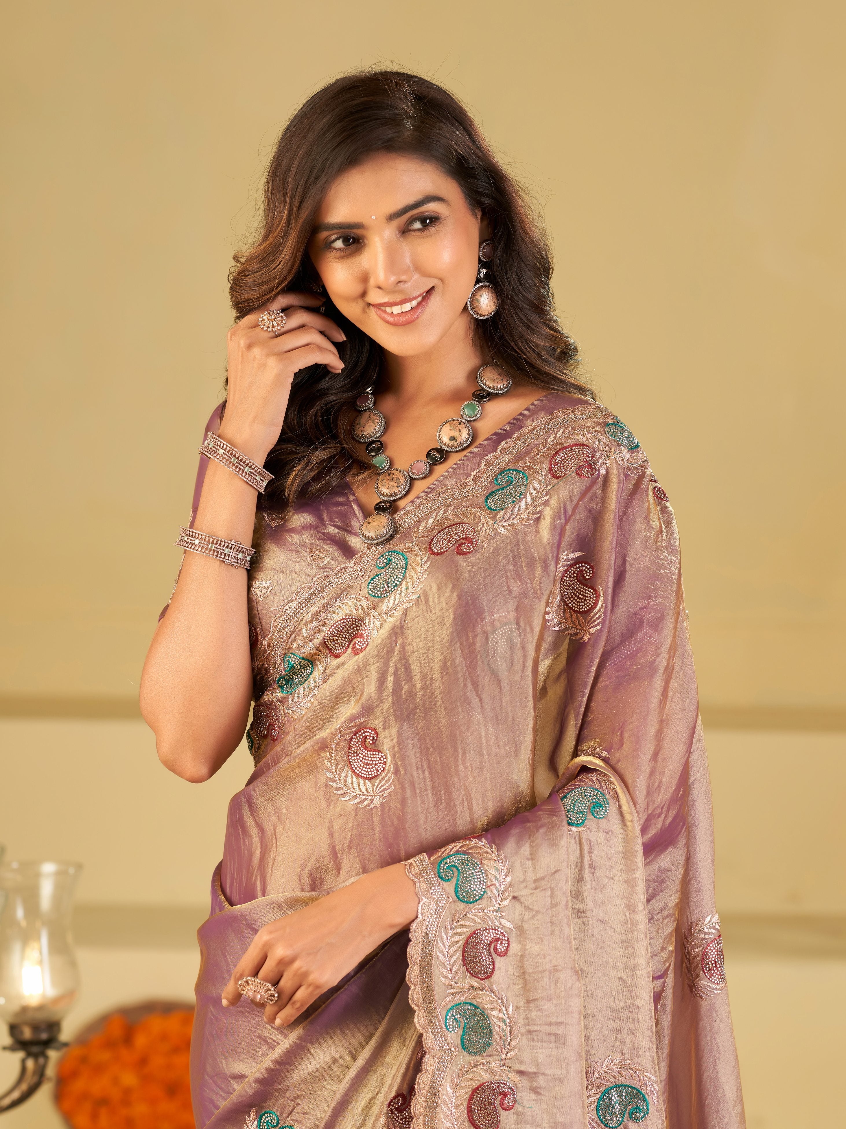 Lavender Designer Fendy Satin Saree with Multicolor Paisley Embroidery & Heavy Embroidered Border | Elegant Festive Party Wear Saree