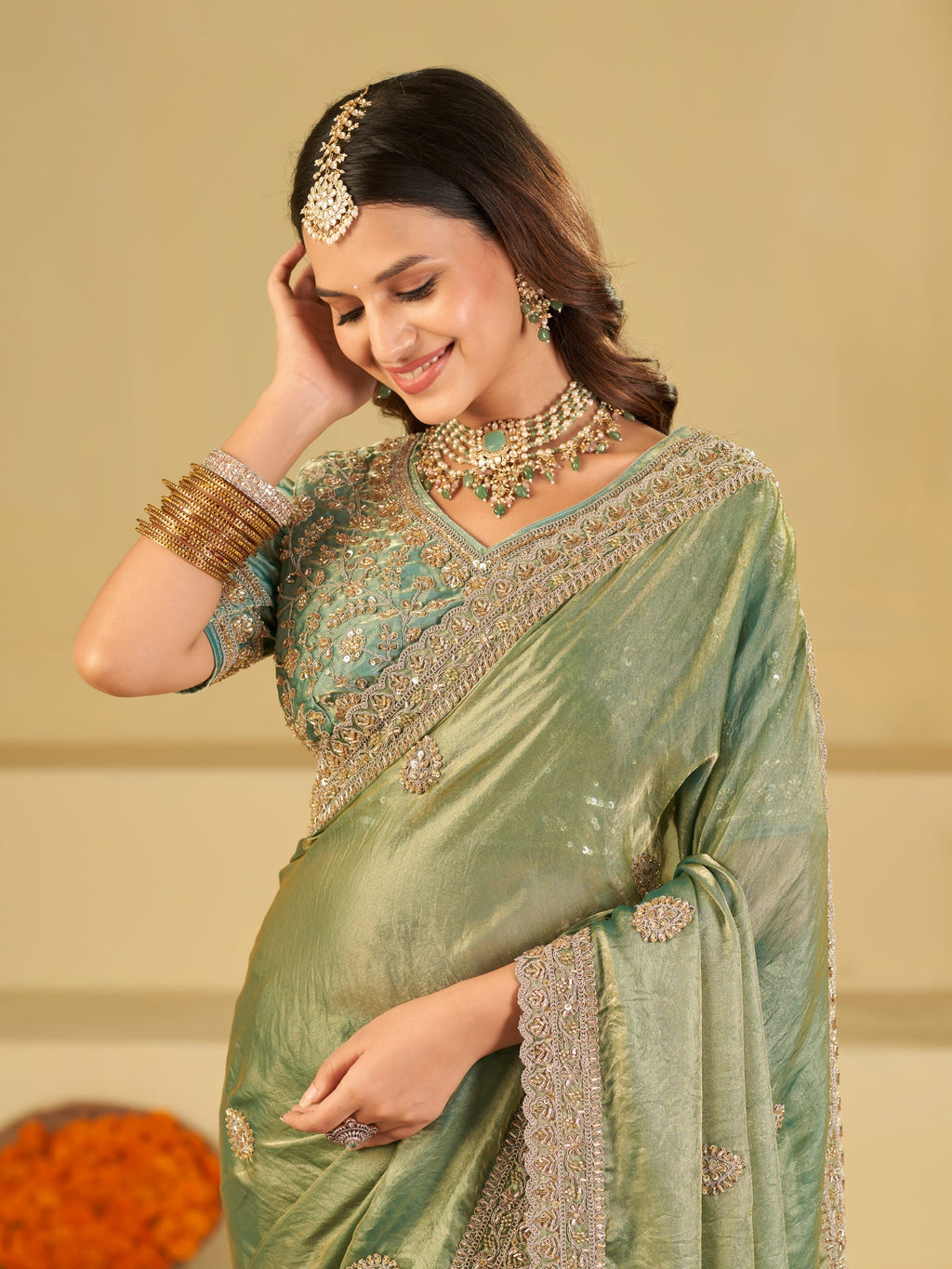 Sea Green Designer Fendy Satin Saree with Heavy Embroidered Blouse & Sequin Border | Premium Wedding Party Wear Saree