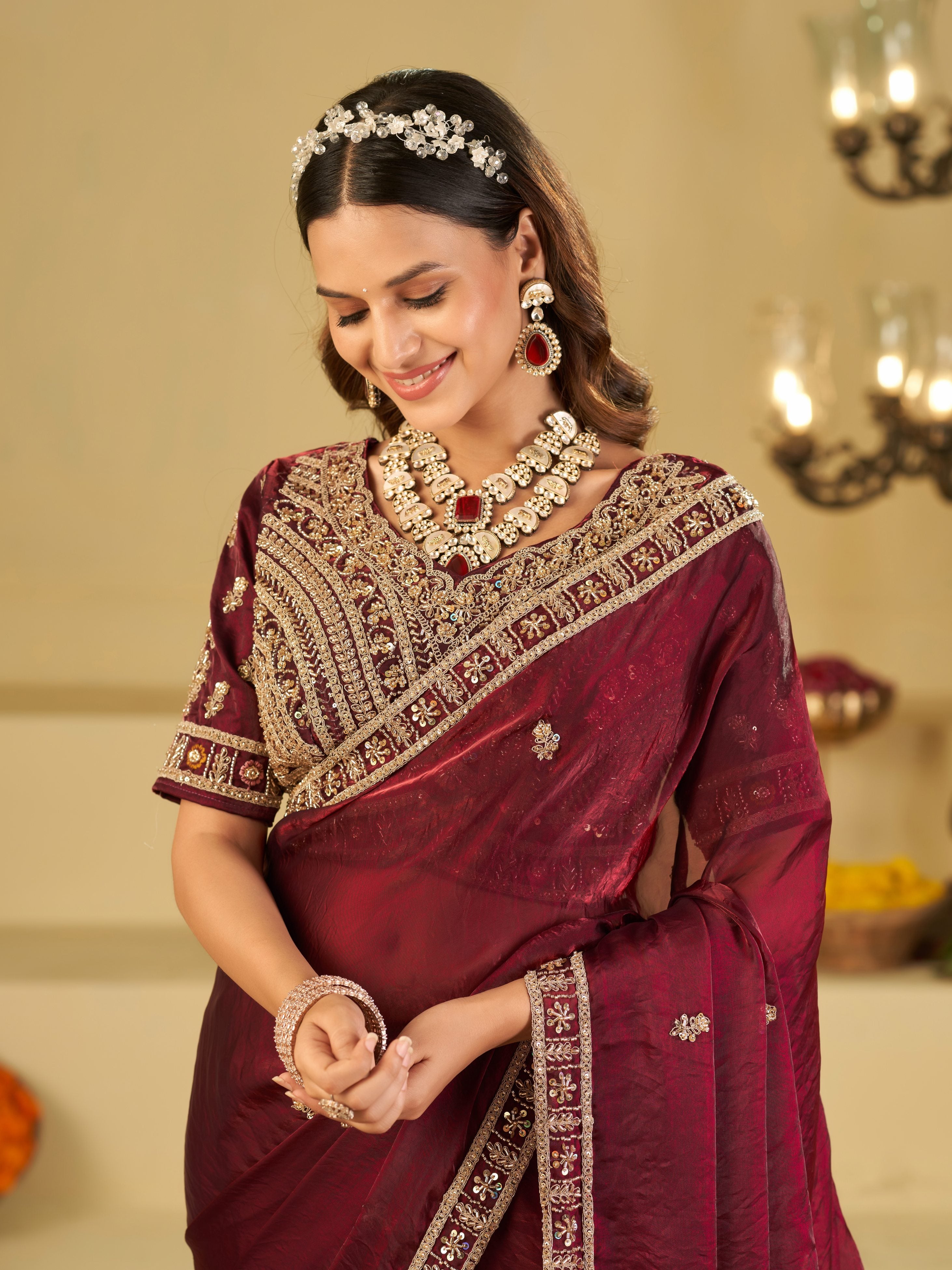 Wine Purple Designer Fendy Satin Saree with Heavy Embroidered Blouse & Zari Border | Premium Wedding & Festive Wear Saree