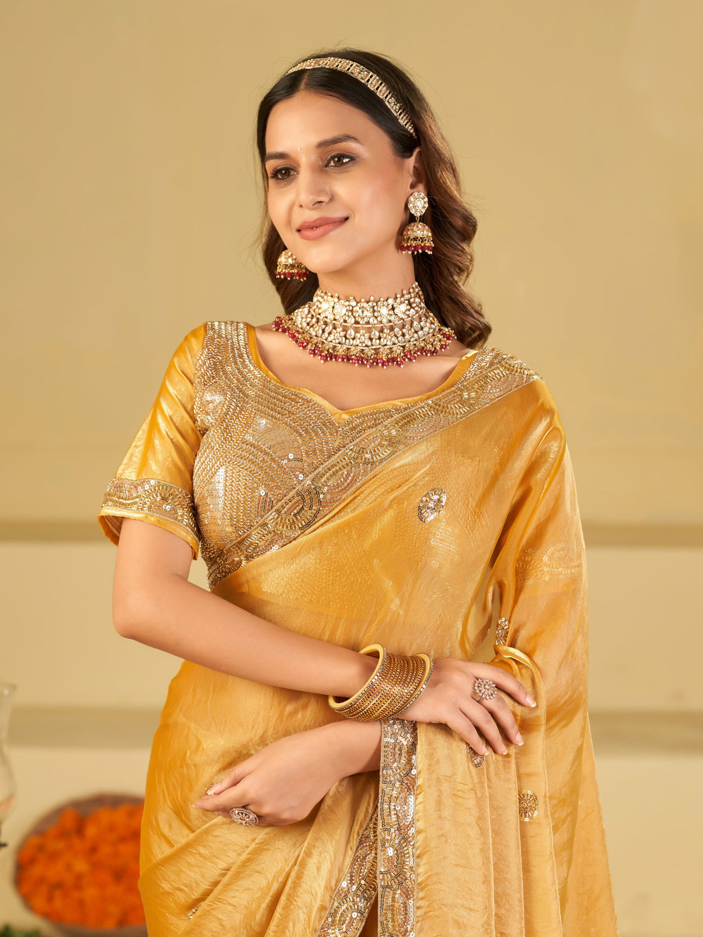 Mustard Yellow Designer Fendy Satin Saree with Heavy Embroidered Blouse & Sequin Border | Premium Wedding Party Wear Saree