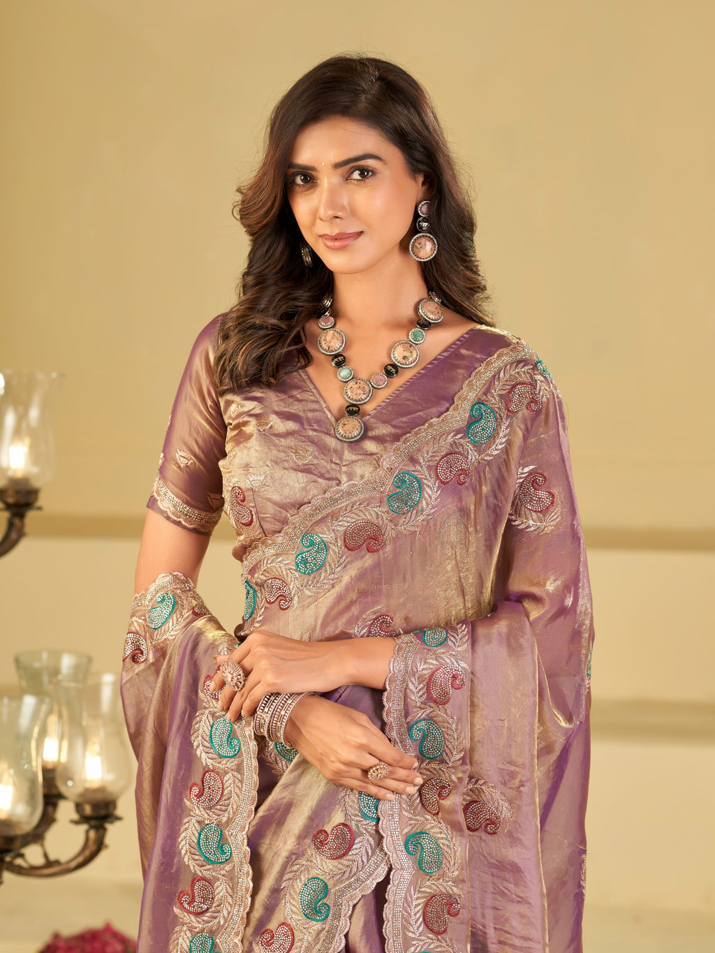 Lavender Designer Fendy Satin Saree with Multicolor Paisley Embroidery & Heavy Embroidered Border | Elegant Festive Party Wear Saree