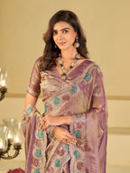 Lavender Designer Fendy Satin Saree with Multicolor Paisley Embroidery & Heavy Embroidered Border | Elegant Festive Party Wear Saree