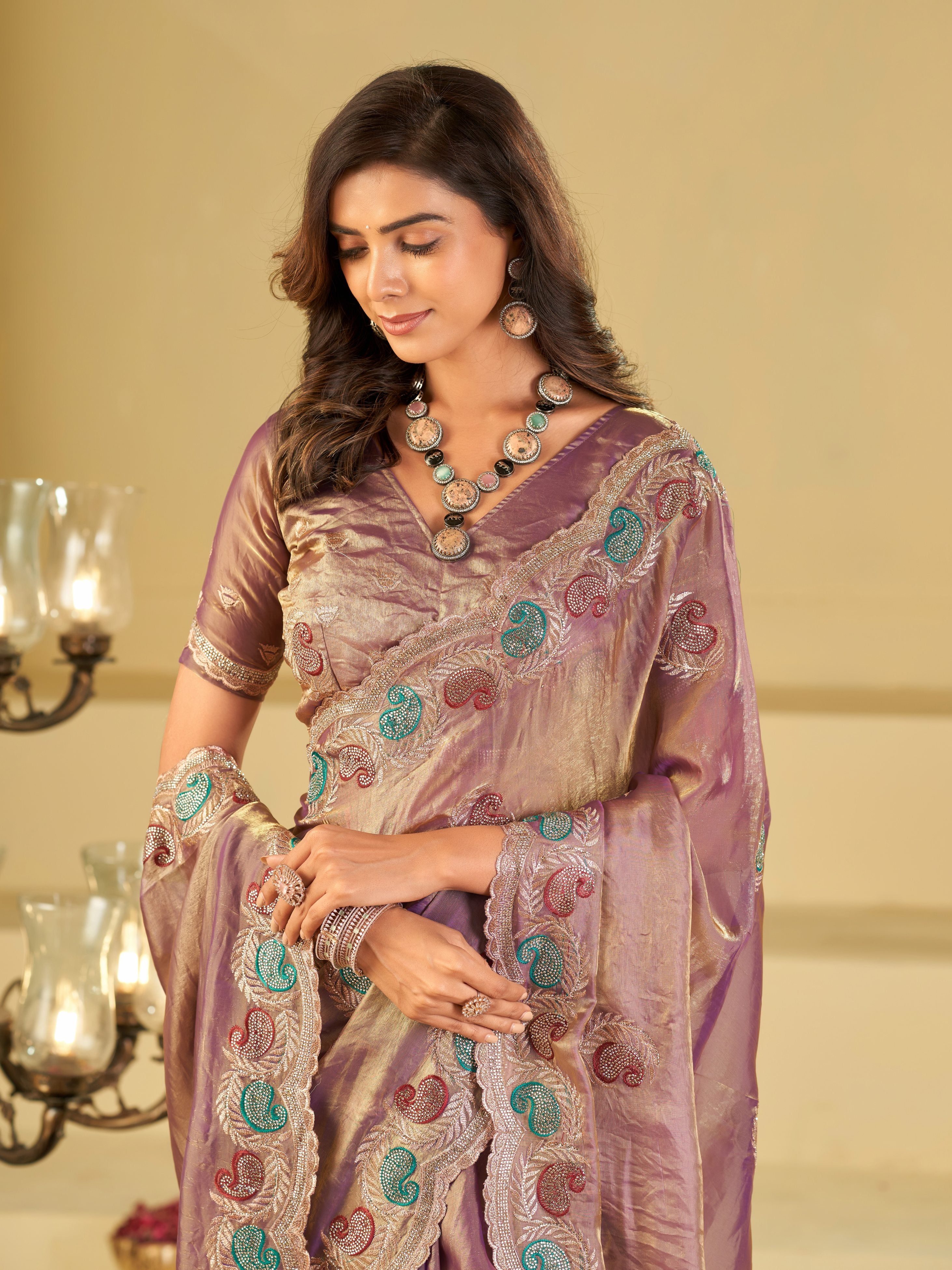 Lavender Designer Fendy Satin Saree with Multicolor Paisley Embroidery & Heavy Embroidered Border | Elegant Festive Party Wear Saree