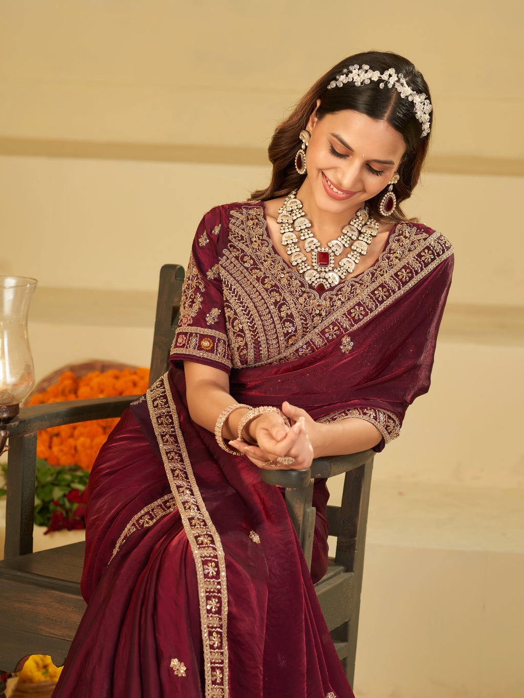 Wine Purple Designer Fendy Satin Saree with Heavy Embroidered Blouse & Zari Border | Premium Wedding & Festive Wear Saree
