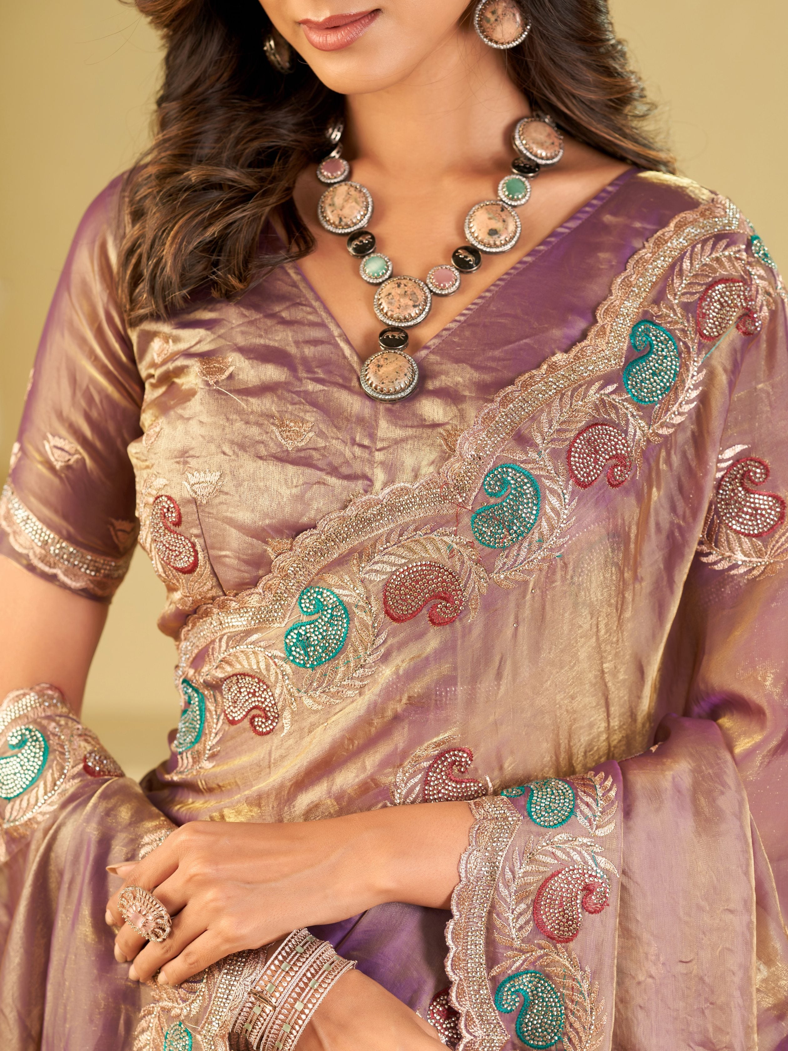 Lavender Designer Fendy Satin Saree with Multicolor Paisley Embroidery & Heavy Embroidered Border | Elegant Festive Party Wear Saree