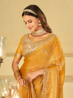Mustard Yellow Designer Fendy Satin Saree with Heavy Embroidered Blouse & Sequin Border | Premium Wedding Party Wear Saree