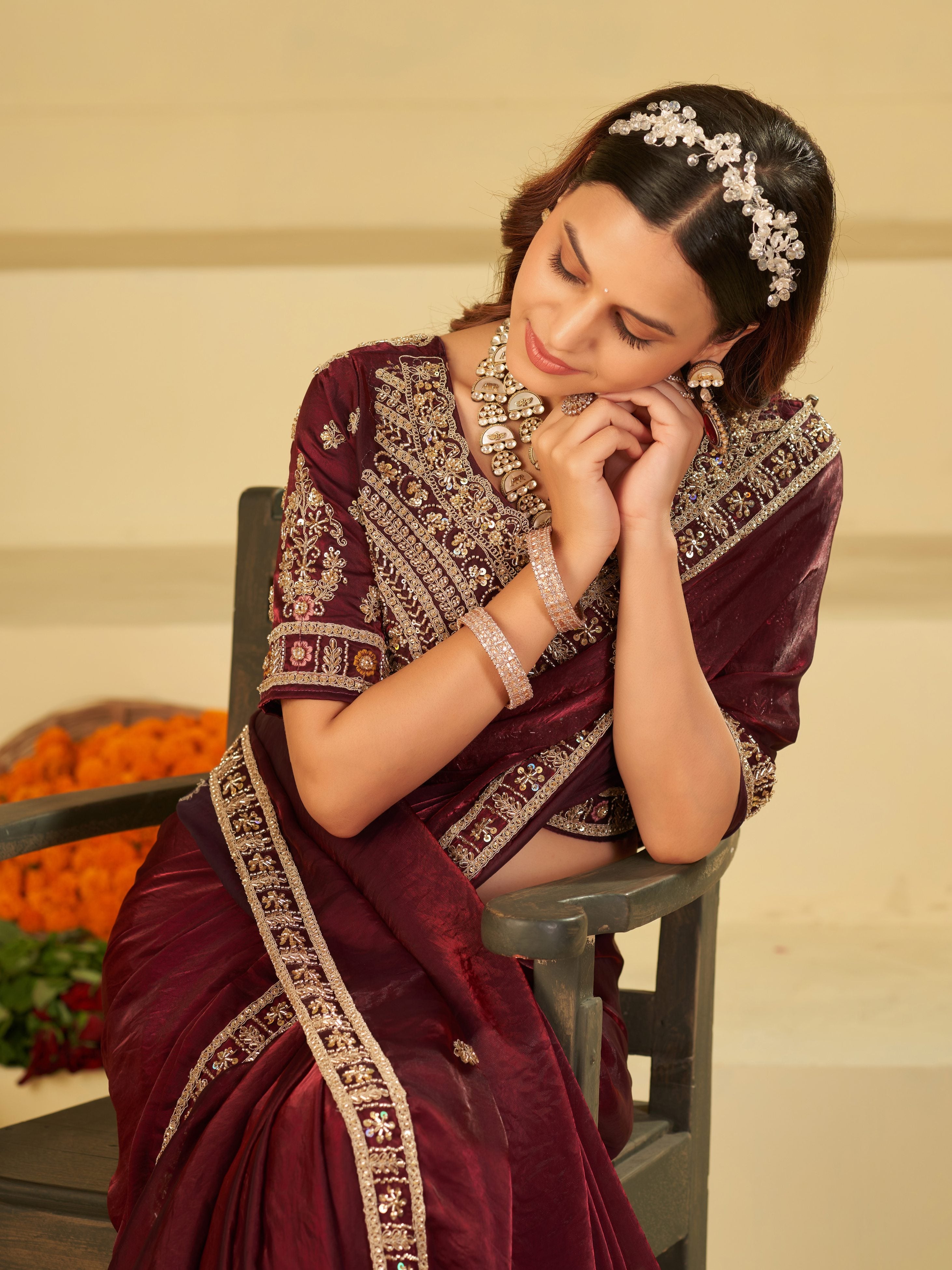 Wine Purple Designer Fendy Satin Saree with Heavy Embroidered Blouse & Zari Border | Premium Wedding & Festive Wear Saree