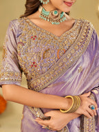 Lavender Designer Fendy Satin Saree with Heavy Embroidered Blouse & Stone Work Border | Premium Wedding Party Wear Saree