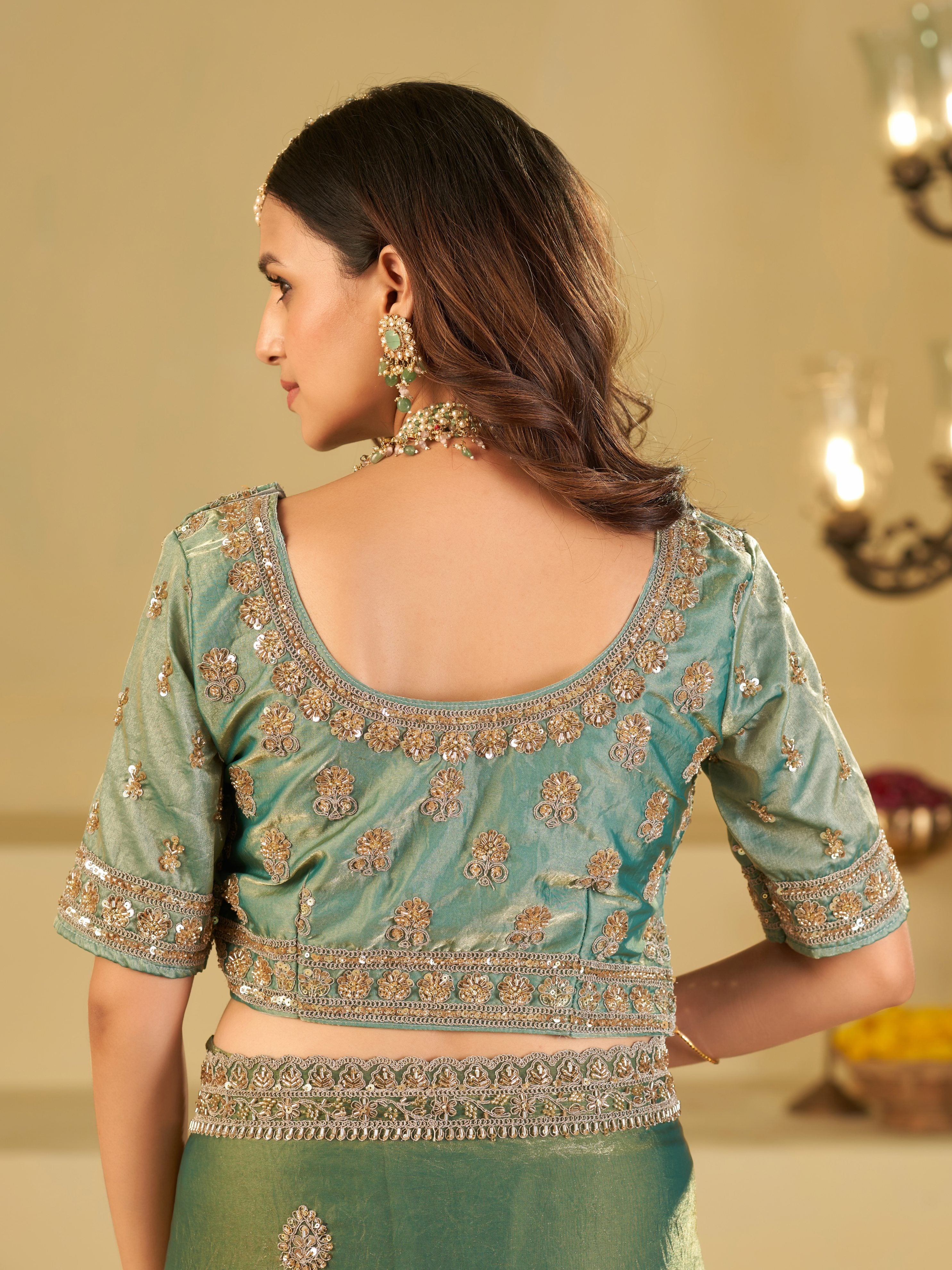Sea Green Designer Fendy Satin Saree with Heavy Embroidered Blouse & Sequin Border | Premium Wedding Party Wear Saree
