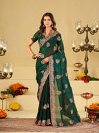 Emerald Green Designer Fendy Satin Saree with Heavy Floral Embroidery Work | Premium Wedding & Party Wear Embroidered Saree with Blouse