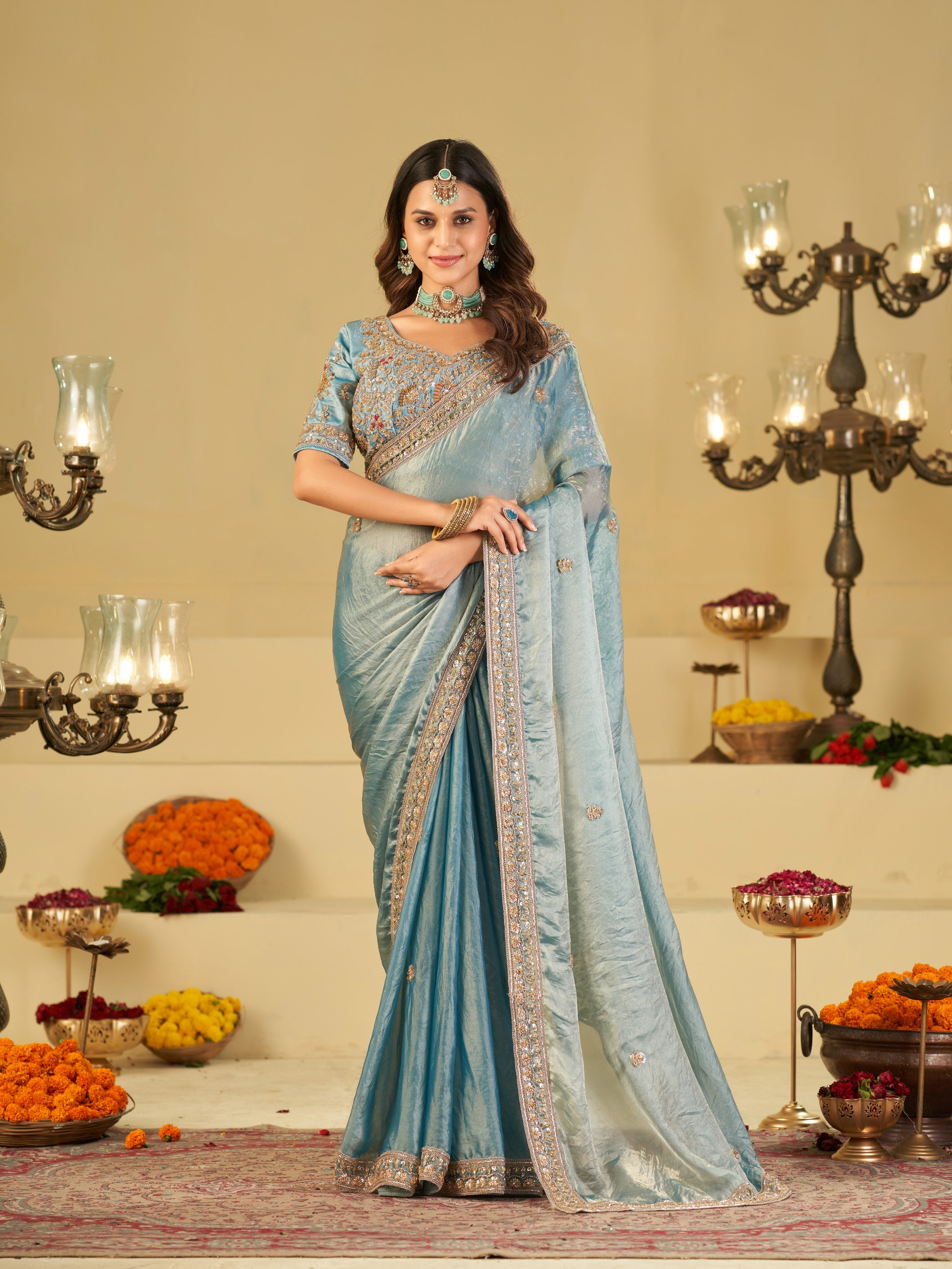Sky Blue Designer Fendy Satin Saree with Heavy Embroidered Blouse & Stone Work Border | Premium Wedding Party Wear Saree