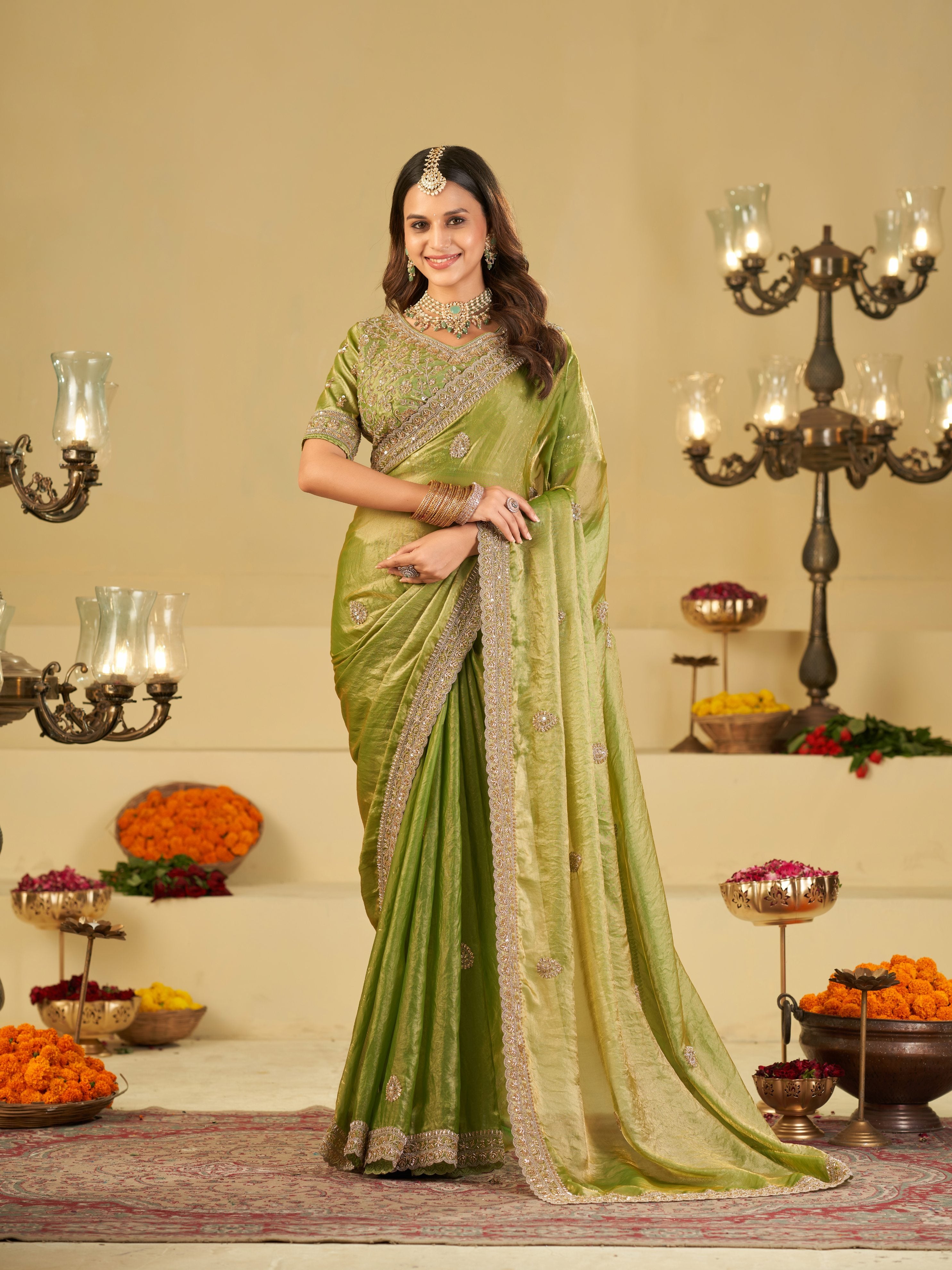 Pista Green Designer Fendy Satin Saree with Heavy Embroidered Blouse & Sequin Border | Premium Wedding Party Wear Saree