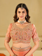 Peach Designer Fendy Satin Saree with Heavy Embroidered Blouse & Stone Work Border | Premium Wedding Party Wear Saree