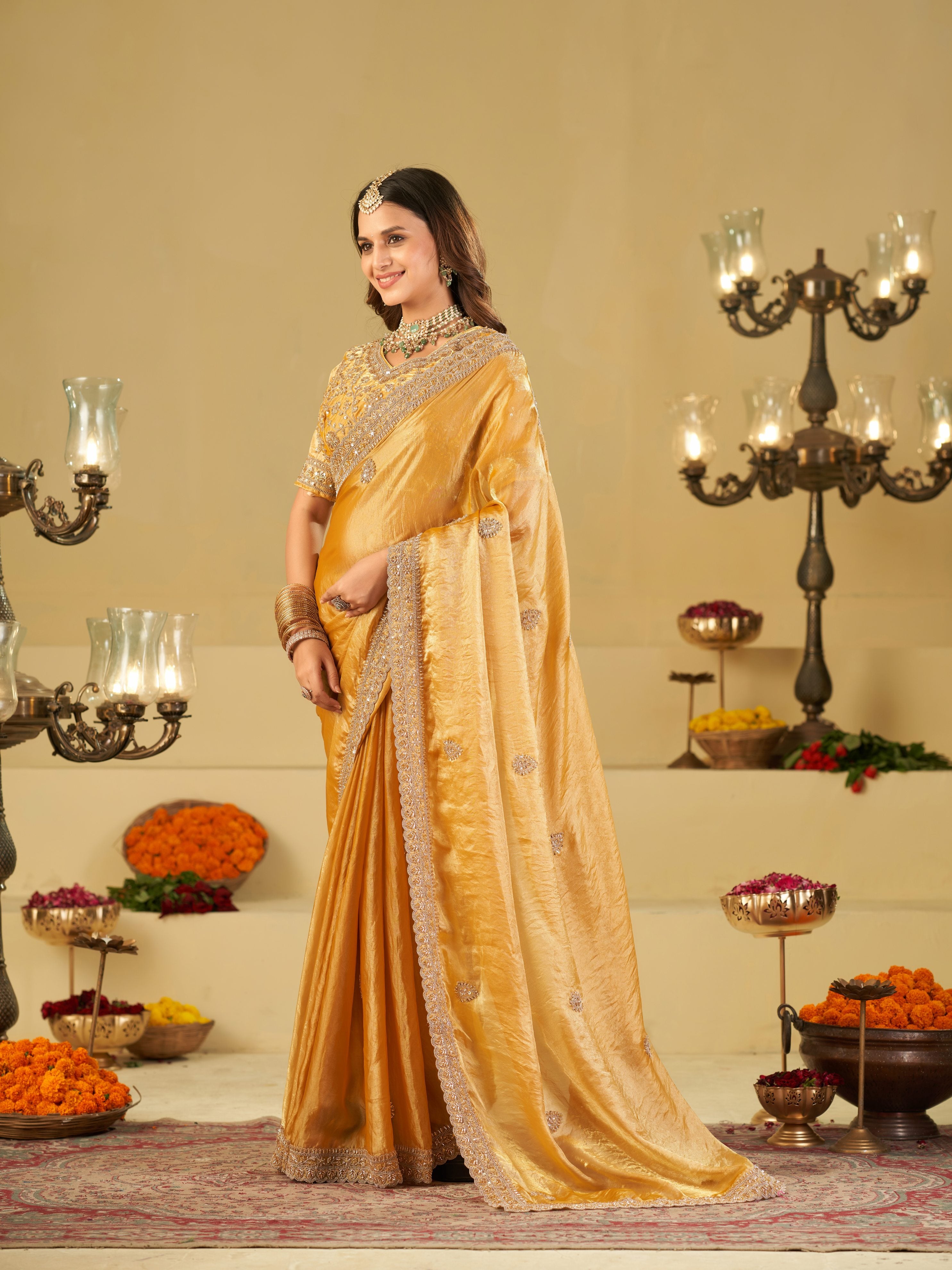 Mustard Yellow Designer Fendy Satin Saree with Heavy Embroidered Blouse & Sequin Border | Premium Festive Wedding Wear Saree