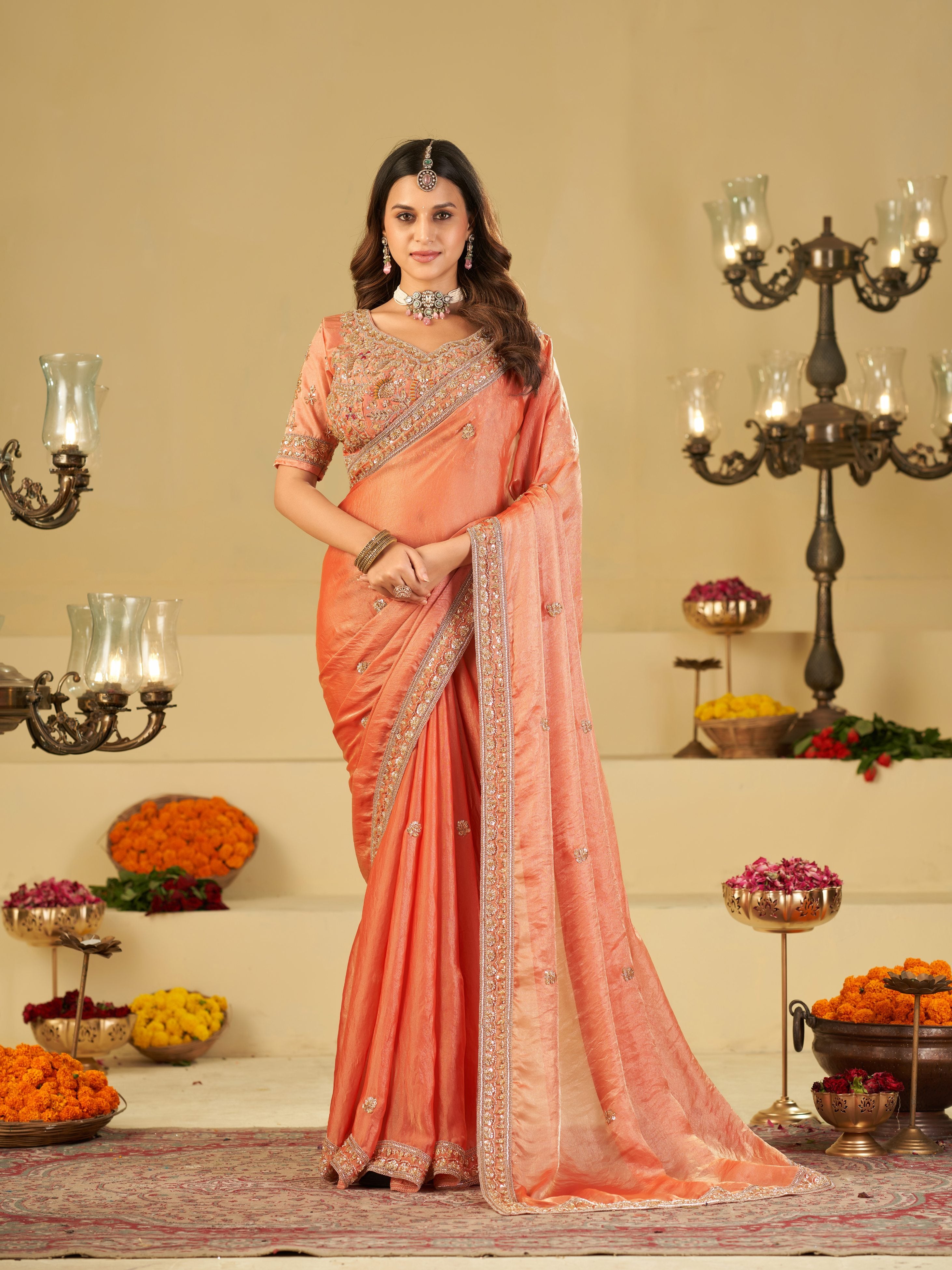 Peach Designer Fendy Satin Saree with Heavy Embroidered Blouse & Stone Work Border | Premium Wedding Party Wear Saree